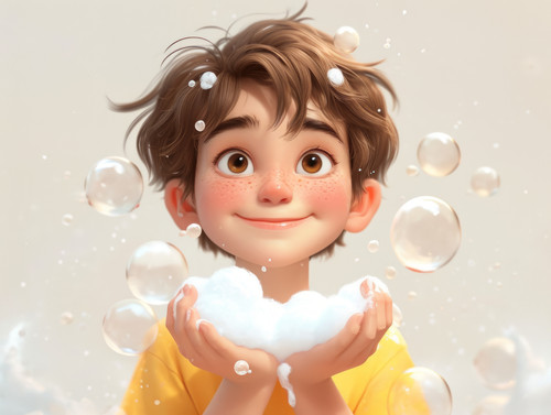 pastel colors white background isolated Boy with soapy hands demonstrates foam on palms and urges to.jpg