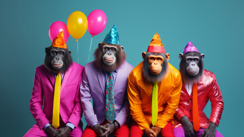 Creative animal concept Ape in a group vibrant bright fashionable outfits isolated on solid backgrou.jpg