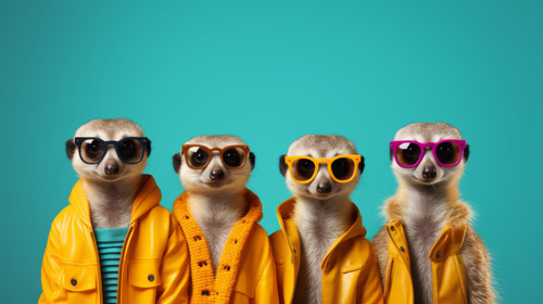 Creative animal concept Meerkat in a group vibrant bright fashionable outfits isolated on solid back.jpg