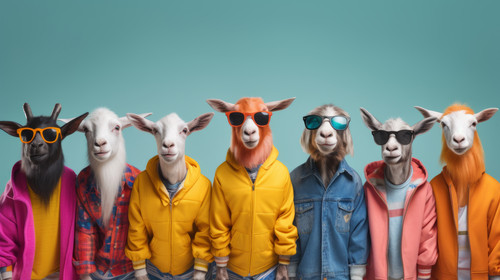 Creative animal concept Goat in a group vibrant bright fashionable outfits isolated on solid backgro.jpg