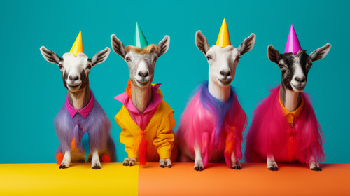 Creative animal concept Goat in a group vibrant bright fashionable outfits isolated on solid backgro.jpg