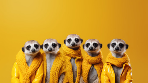 Creative animal concept Meerkat in a group vibrant bright fashionable outfits isolated on solid back.jpg