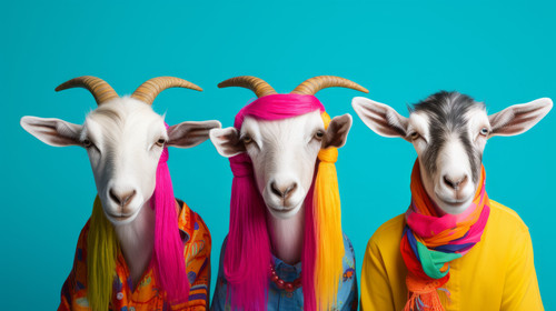 Creative animal concept Goat in a group vibrant bright fashionable outfits isolated on solid backgro.jpg