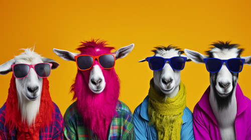 Creative animal concept Goat in a group vibrant bright fashionable outfits isolated on solid backgro.jpg