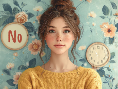 pastel colors white background isolated Bulletin woman answered no to question as sign of negative a.jpg