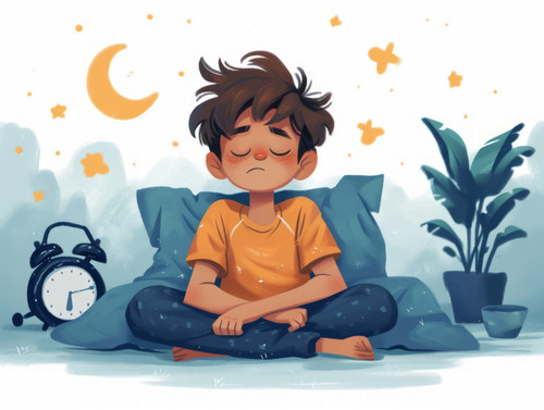 pastel colors white background isolated Boy yawns and wants to sleep sitting on bed near alarm clock.jpg