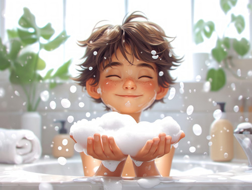 pastel colors white background isolated Boy with soapy hands demonstrates foam on palms and urges to.jpg