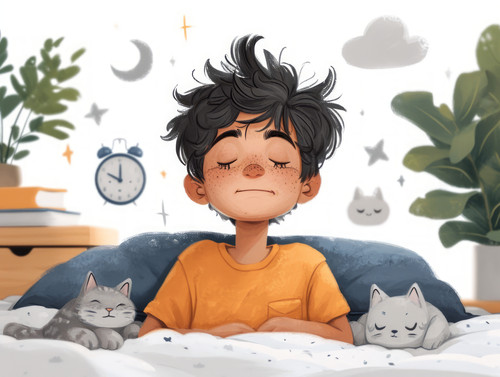 pastel colors white background isolated Boy yawns and wants to sleep sitting on bed near alarm clock.jpg