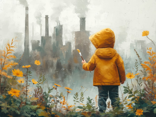 pastel colors white background isolated Boy with brush paints eco landscape instead of factory that .jpg