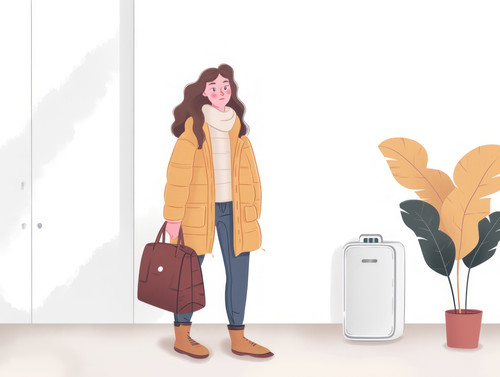 pastel colors white background isolated A woman freezes and stands in a room with a cold battery ill.jpg