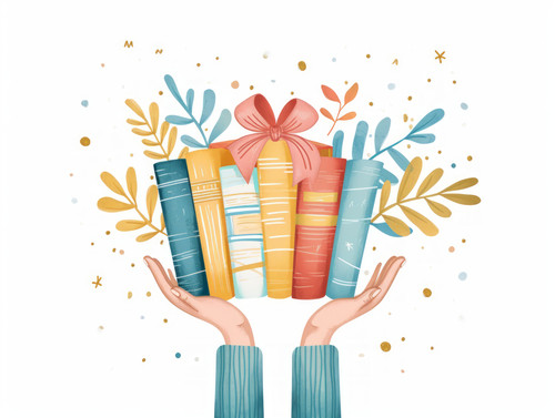 pastel colors white background isolated Books with gift ribbon in hands of person symbolize prize to.jpg