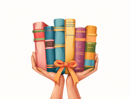 pastel colors white background isolated Books with gift ribbon in hands of person symbolize prize to.jpg