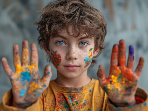 pastel colors white background isolated Boy artist in adolescence shows palms smeared with multicolo.jpg