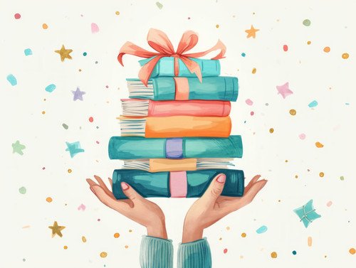 pastel colors white background isolated Books with gift ribbon in hands of person symbolize prize to.jpg