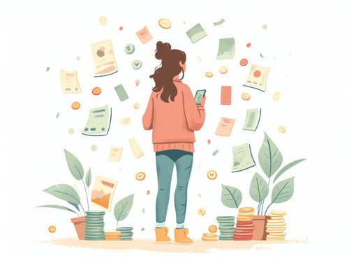 pastel colors white background isolated Blogger girl with phone stands among photos and coins symbol.jpg