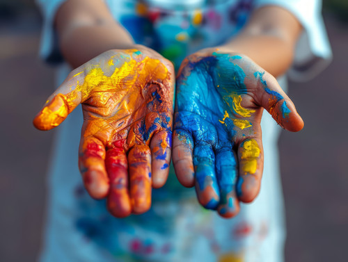 pastel colors white background isolated Boy artist in adolescence shows palms smeared with multicolo.jpg