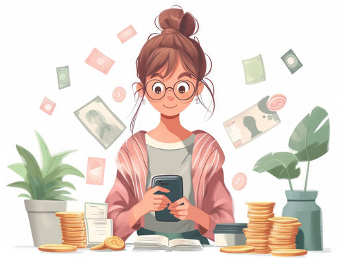pastel colors white background isolated Blogger girl with phone stands among photos and coins symbol.jpg