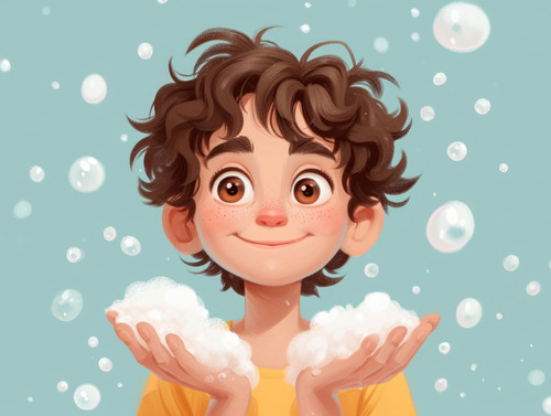 pastel colors white background isolated Boy with soapy hands demonstrates foam on palms and urges to.jpg
