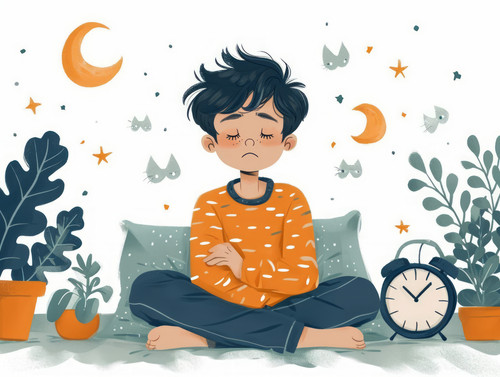 pastel colors white background isolated Boy yawns and wants to sleep sitting on bed near alarm clock.jpg