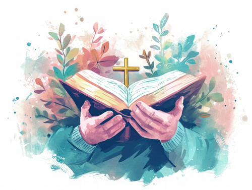 pastel colors white background isolated Bible with christian crucifix in hands of man studying catho.jpg