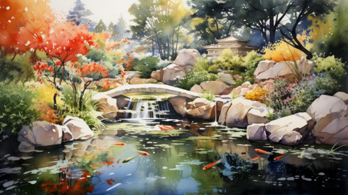 Watercolor painting of a traditional Japanese garden with a koi pond 00099 01.jpg