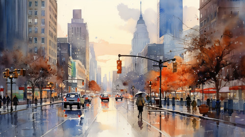 Watercolor painting of a bustling city street with pedestrians and tall buildings 00098 01.jpg
