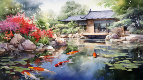 Watercolor painting of a traditional Japanese garden with a koi pond 00099 02.jpg