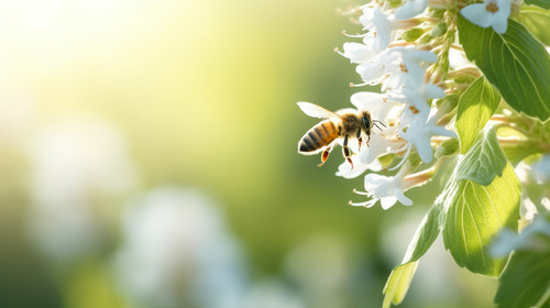 White basil flowers blooming and a flying insect coming to pollinate background on bokeh with copy s.jpg