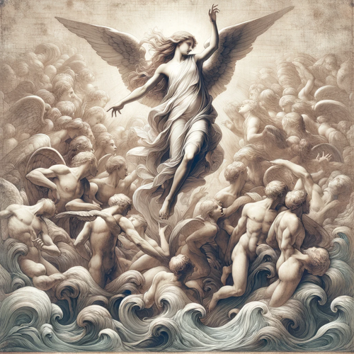 DALL·E 2023 12 24 00.27.45 An angel triumphantly emerging from a sea of souls, depicted in a style r.png