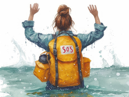 pastel colors white background isolated Business woman showing SOS sign swimming in river with lifeb.jpg