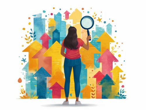 pastel colors white background isolated Business woman using magnifying glass standing near arrows s.jpg