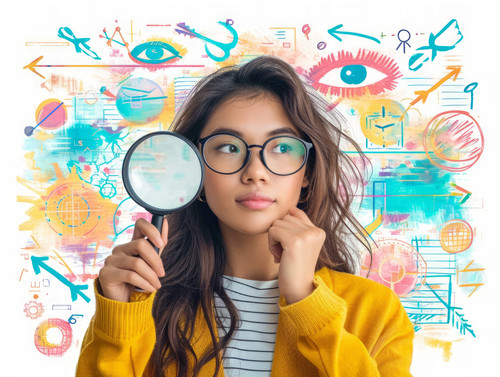 pastel colors white background isolated Business woman using magnifying glass standing near arrows s.jpg