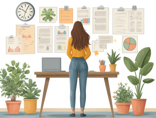 pastel colors white background isolated Business woman with documents stands in office near table wi.jpg