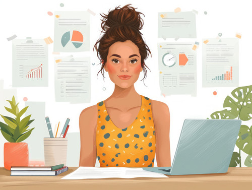 pastel colors white background isolated Business woman with documents stands in office near table wi.jpg