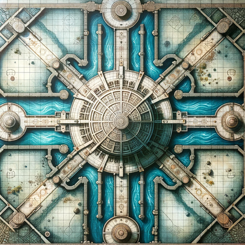 DALL·E 2024 01 10 15.31.18 A Dungeons and Dragons map with a grid layout, focused on a central dome .png