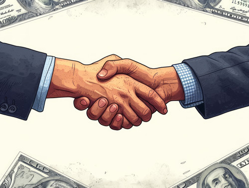 pastel colors white background isolated Businesspeople shake hands exchange money illustration ar 43.jpg