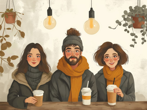pastel colors white background isolated Diverse friends enjoy warm drinks relax on weekend illustrat.jpg