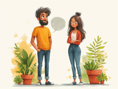 pastel colors white background isolated Dialogue of man and woman standing near speech bubble and di.jpg