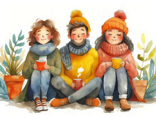 pastel colors white background isolated Diverse friends enjoy warm drinks relax on weekend illustrat.jpg