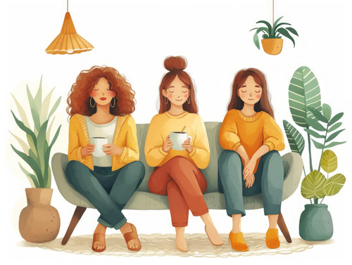 pastel colors white background isolated Diverse friends enjoy warm drinks relax on weekend illustrat.jpg
