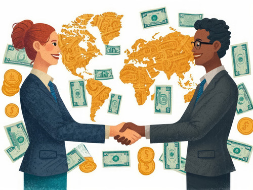 pastel colors white background isolated Businesspeople shake hands exchange money illustration ar 43.jpg