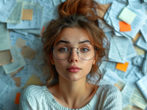pastel colors white background isolated Businesswoman with lot of documents in hands is unhappy with.jpg