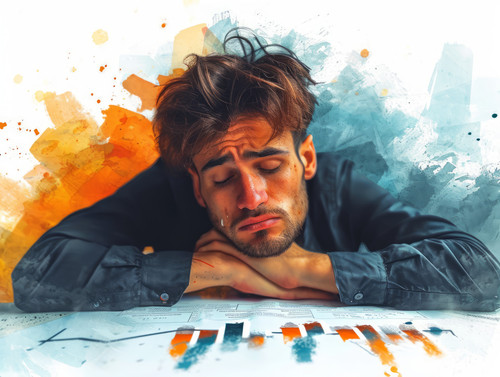 pastel colors white background isolated Business man crying and looking at down arrow feeling stress.jpg