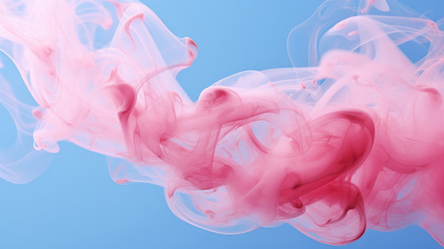 Puffs of pink smoke in front of a blue background stock photo in the style of bold color blobs resin.jpg