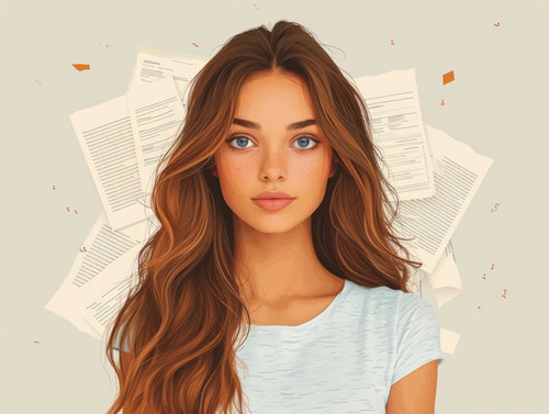 pastel colors white background isolated Businesswoman with lot of documents in hands is unhappy with.jpg