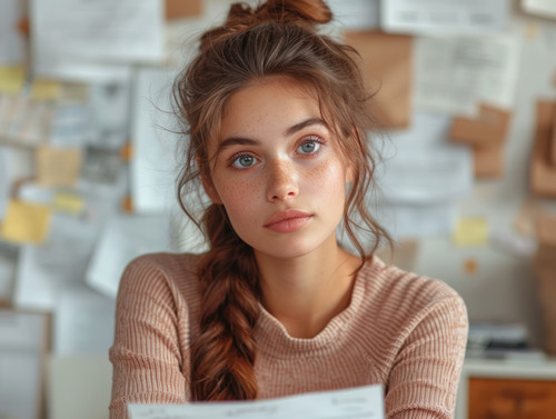 pastel colors white background isolated Businesswoman with lot of documents in hands is unhappy with.jpg
