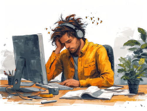 pastel colors white background isolated Business man suffers from computer breakdown and grabs head .jpg
