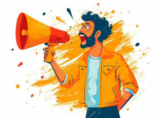pastel colors white background isolated Business man with megaphone in hand to announce important ch.jpg