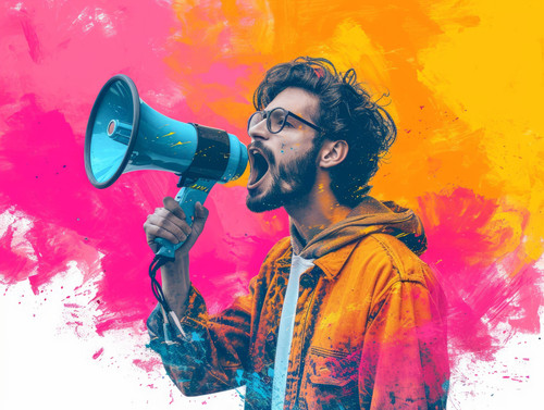 pastel colors white background isolated Business man with megaphone in hand to announce important ch.jpg