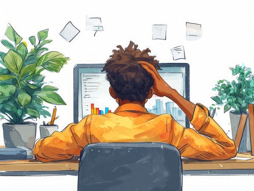 pastel colors white background isolated Business man suffers from computer breakdown and grabs head .jpg